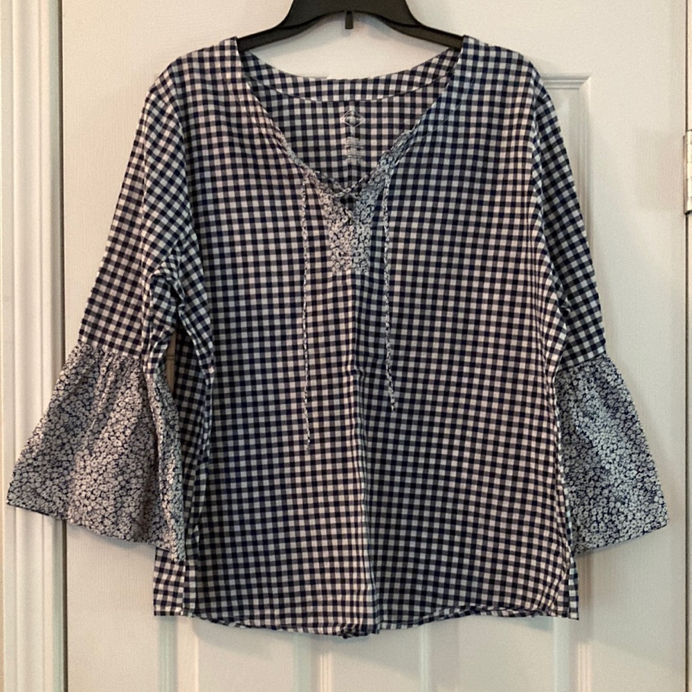 St. John's Bay White and Blue Blouse with Bell Sleeves